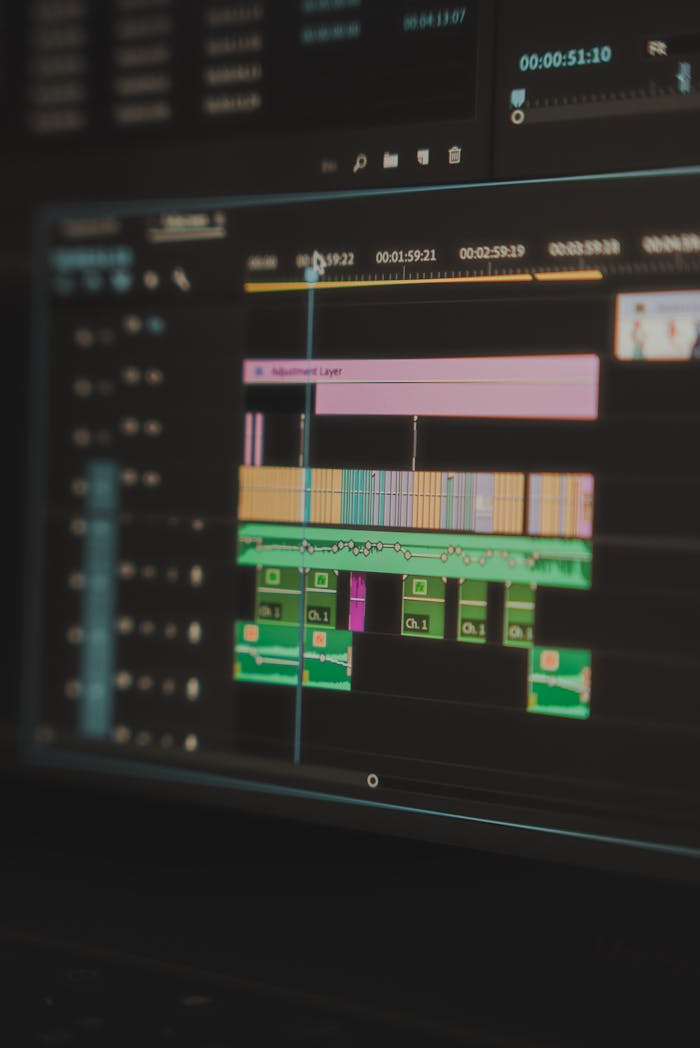 Detailed view of a video editing timeline displayed on a computer screen, highlighting the tools used in video production.